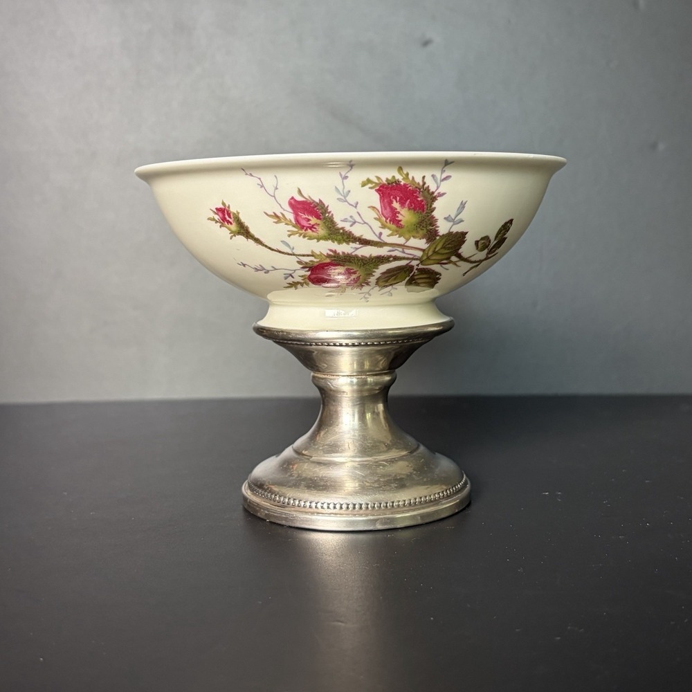 Vintage Sheffield Silver Co Porcelain Candy Pedestal Dish Moss Rose